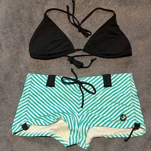 Roxy retro hipster swim shorts and coordinating black bikini top, M & L